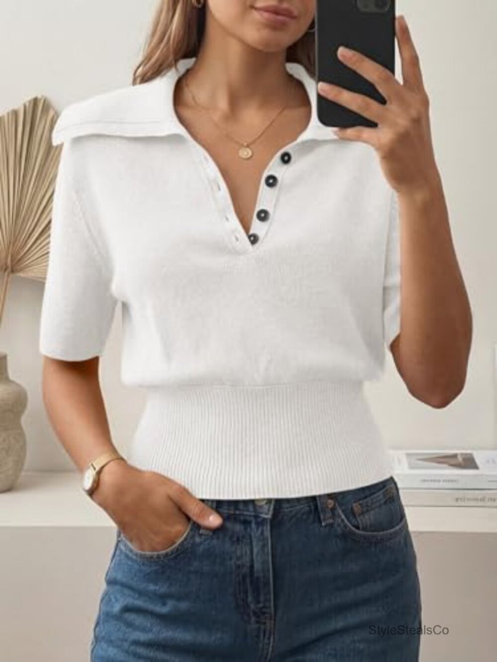 Polo Sweater Top Short Sleeve V-Neck Collared Ribbed Hem Women's - Picture 5 of 6